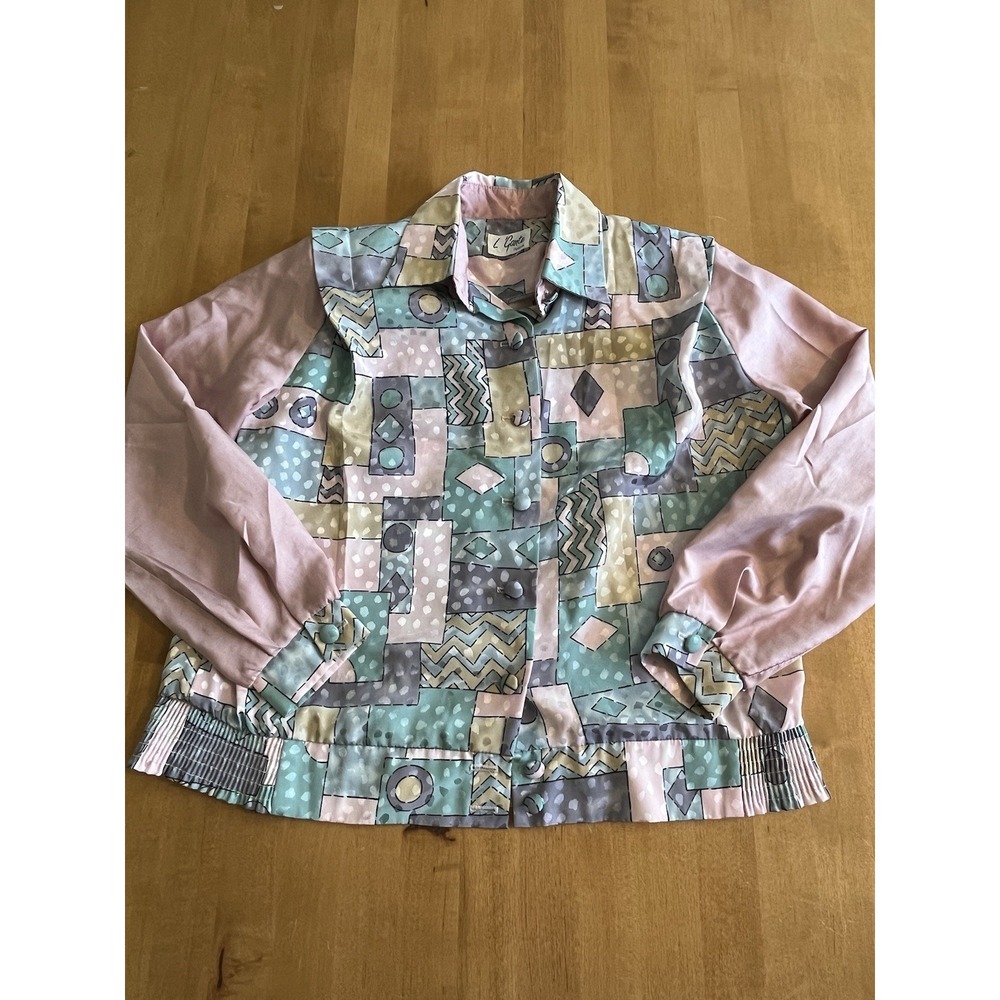 Vtg Pastel 80s L' Gante Petites Retro Watercolor Print Collared Blouse Jacket